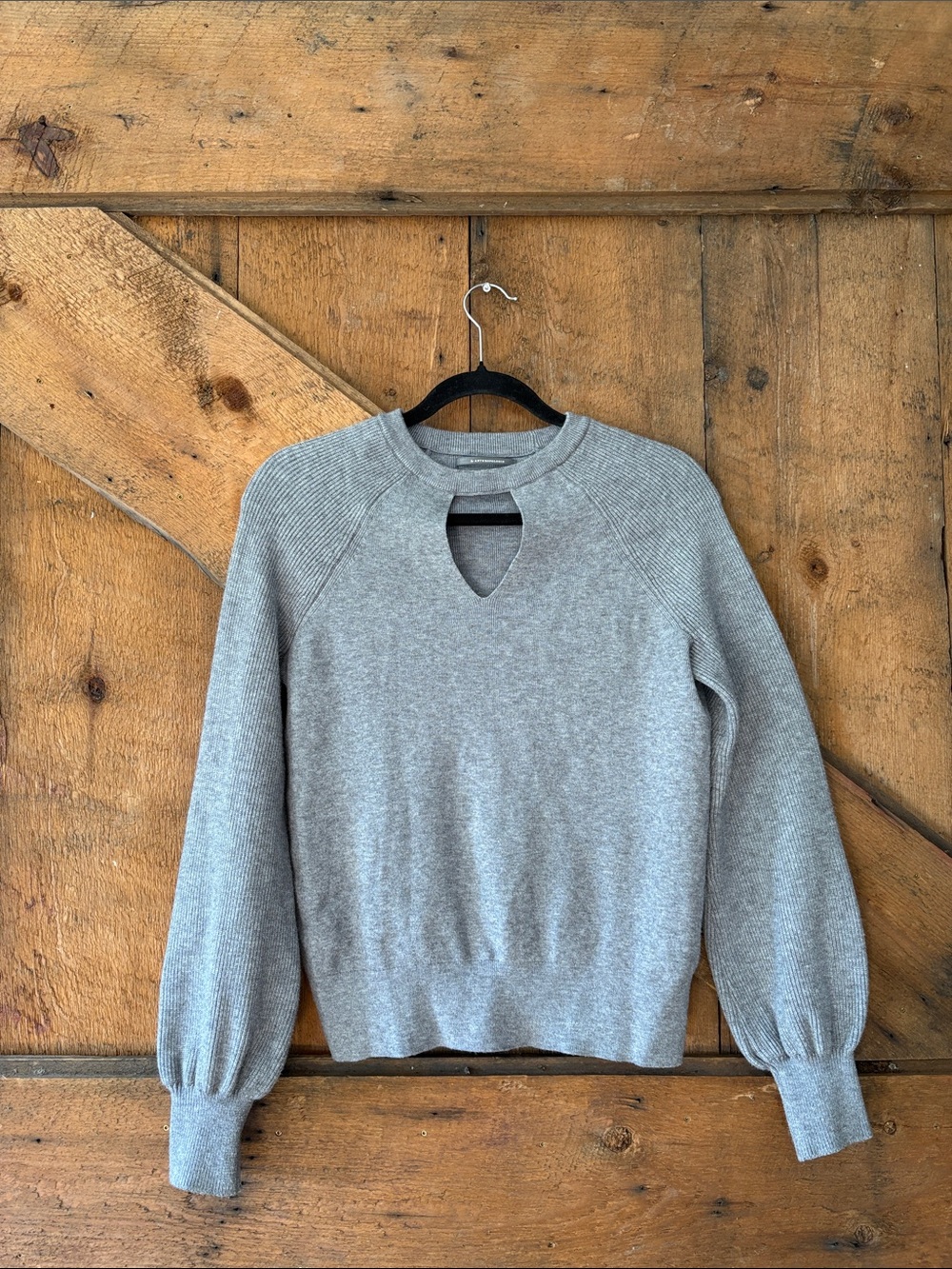 Anthropologie Gray Keyhole Crew Sweater with Puff Sleeves